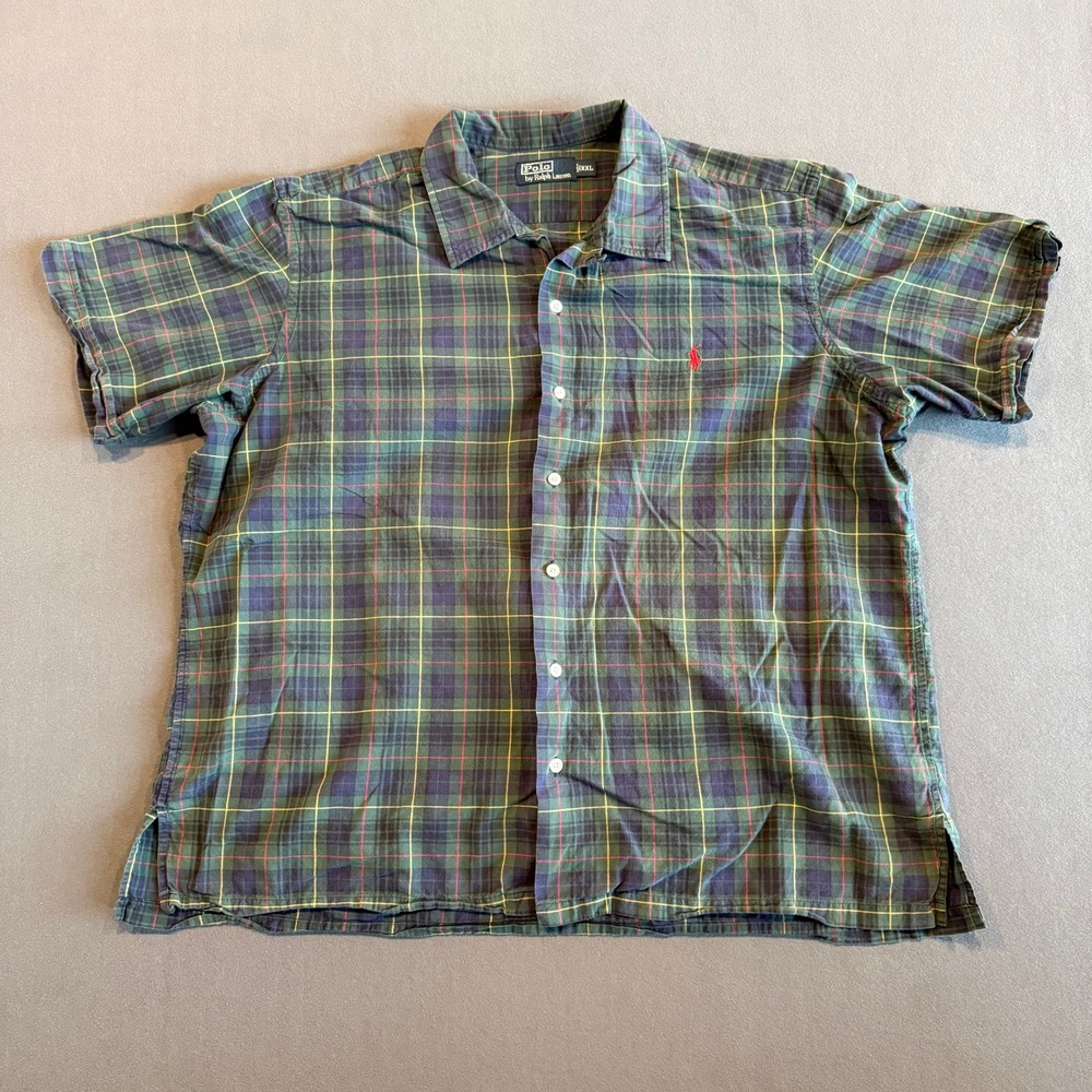 Polo Ralph Lauren Men's XXL Green Navy Plaid Short Sleeve Button Down Shirt